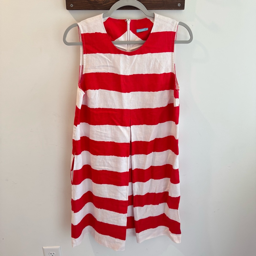 J.McLaughlin Tracy Red White Striped Linen Sleeveless Shift Dress Size M Pockets